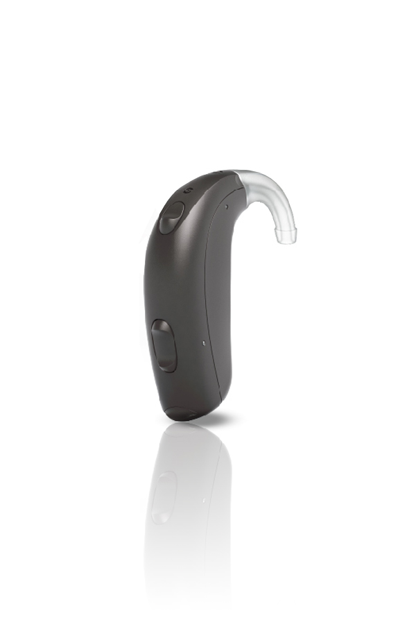 A Behind-The-Ear hearing aid style is a small black unit with an attached transparent hook attachment that connects the hearing aid to your ear.