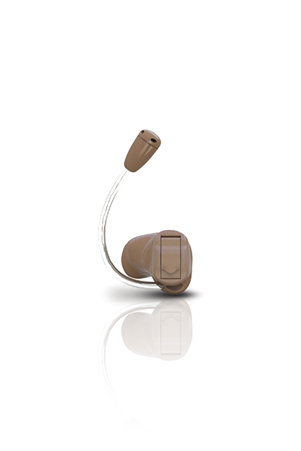 The Microphone-In-Helix hearing aid style from Beltone features a flesh-colored in-ear unit with a small microphone attachement.