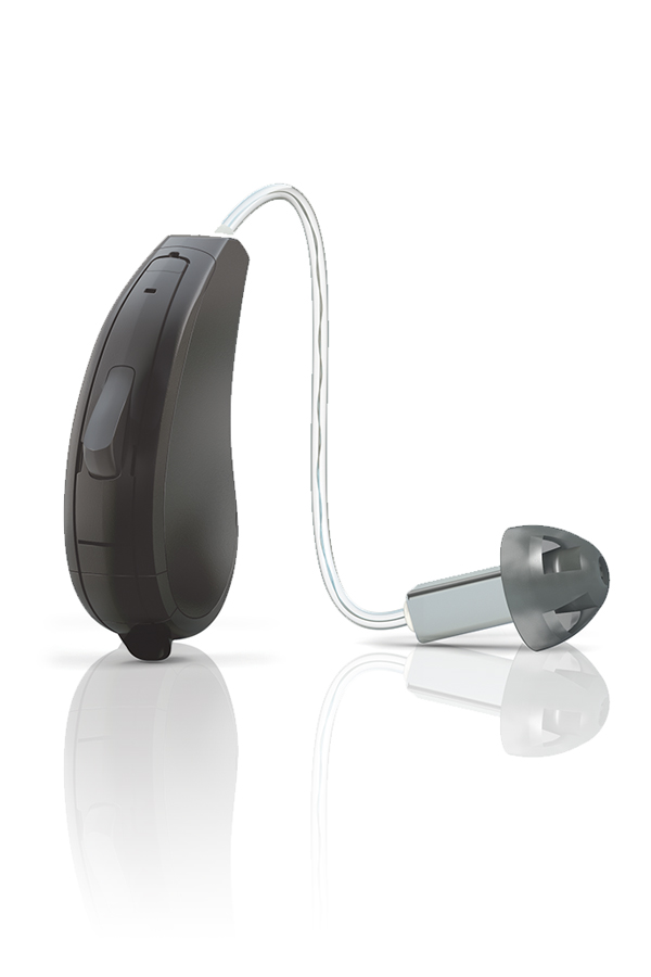 A black Receiver-In-Ear hearing aid is a black unit with a clear white cord attached to a small black ear bud.