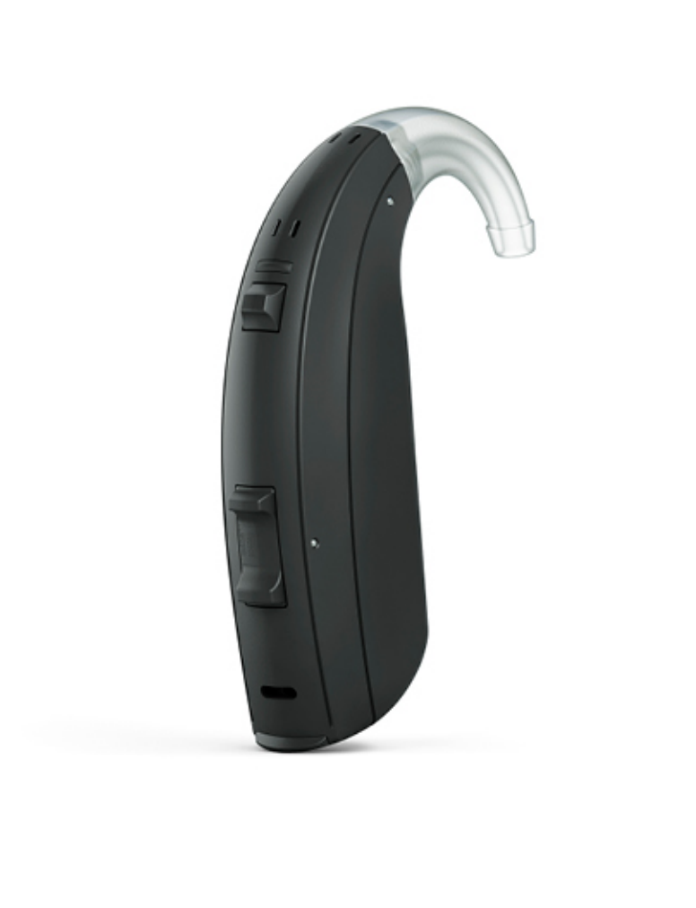 A Power and Super Power BTE hearing aid unit is a stronger hearing aid style for extreme hearing loss. The hearing aid is a black unit with a small transparent tube attached to the top.