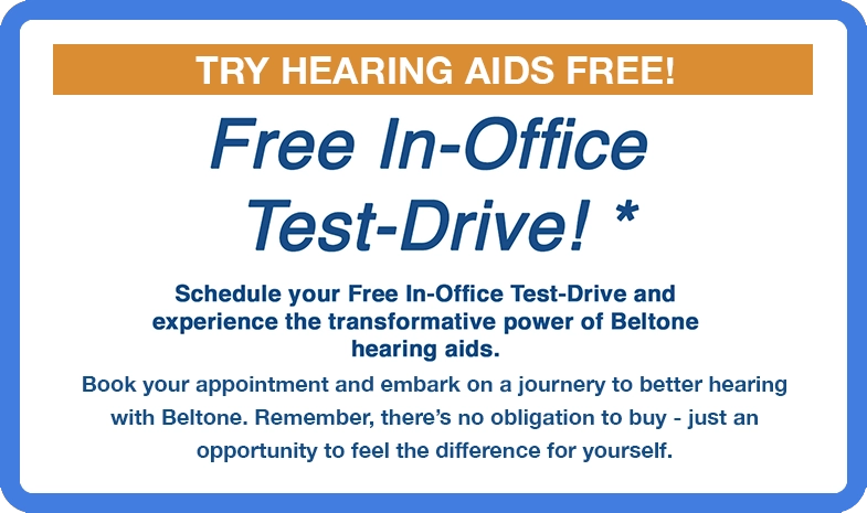 An image advertising free in-office hearing aid fitting and testing with a Beltone audiologist.