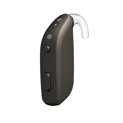 A BTE (Behind-The-Ear) hearing aid is a small black plastic unit with a clear white tube attachment that secures the hearing aid behind the ear.