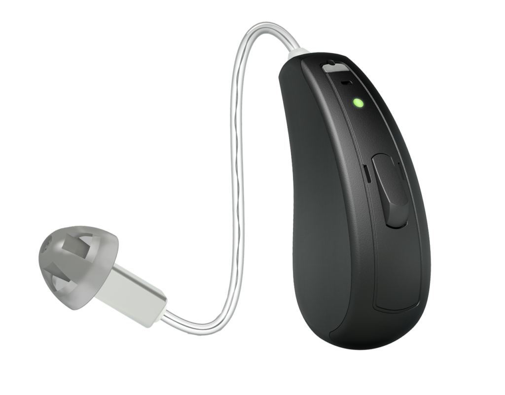 The Beltone Amaze is a small gray rechargeable hearing aid unit with an in-ear receiver attached to a short, translucent wire.