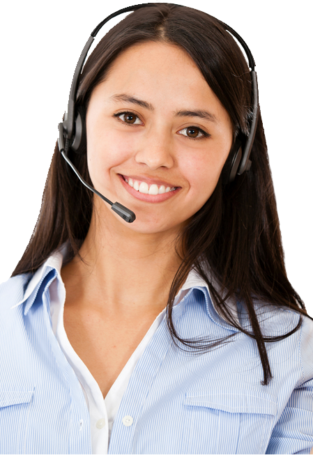 A female Beltone customer service representative is pictured hearing a headset and smiling at the camera.