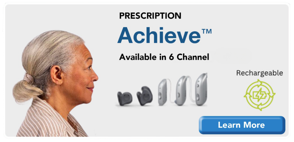 A promo image for the Achieve hearing aid features a profile view of an older woman, and five different Belton hearing aid models ranging from from the IIC models to RIC models.