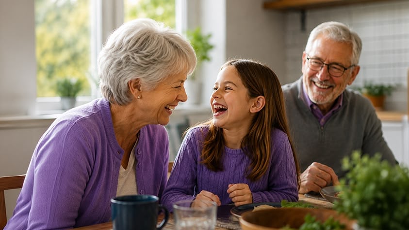 a grandchild sharing a story about school to grandparents